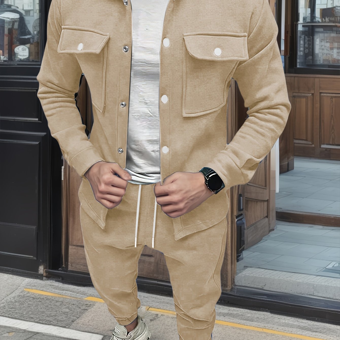 Տղամարդու 1 հավաքածու՝ միագույն պոլիեսթերից պատրաստված առօրյա հագուստ՝ երկար թևքերով, կոճակներով և օձիքով բաճկոնով, գրպաններով և լարով երկար տաբատի հավաքածու՝ աշուն/ձմեռ