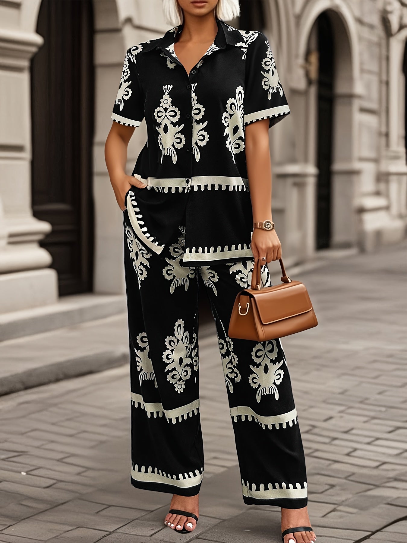 Casual Country Print Pattern Loose Short Sleeve Top and Pants Two-Piece Set Summer Clothes, Elegant Summer Evening Mist