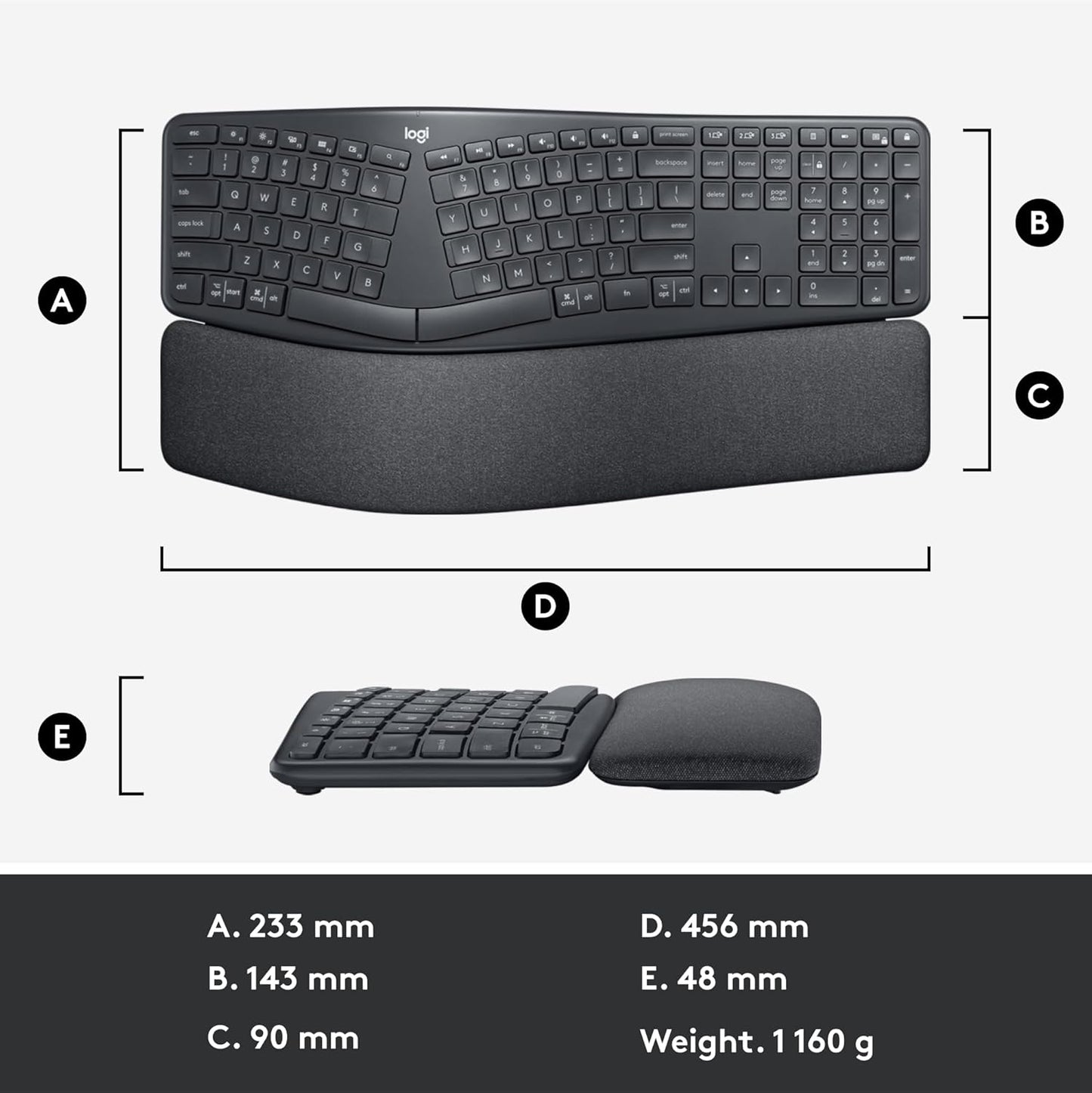 Logitech ERGO K860 Wireless Ergonomic Keyboard - Split Keyboard, Wrist Rest, Natural Typing, Stain-Resistant Fabric, Bluetooth and USB Connectivity, Compatible with Windows/Mac, Black