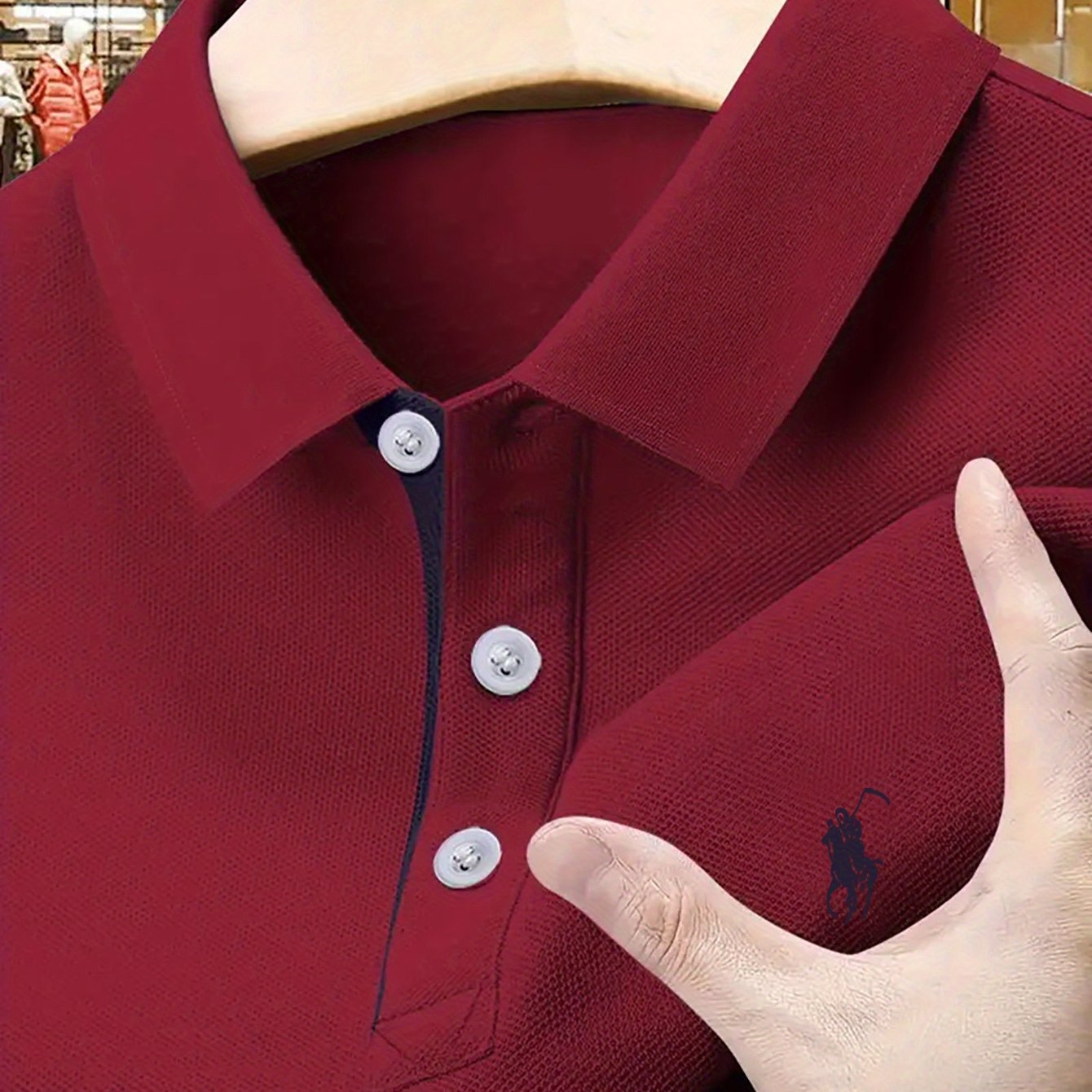 Տղամարդկանց պատահական գոլֆի պոլո վերնաշապիկ, երկրաչափական նախշ, թեթև ձգվող գործվածք, պոլիեսթեր 100%, սովորական, ամառային կարճ թեւ, շրջափակով օձիքով և կոճակի դետալներով, 210գ/մ² - Բուրգունդի