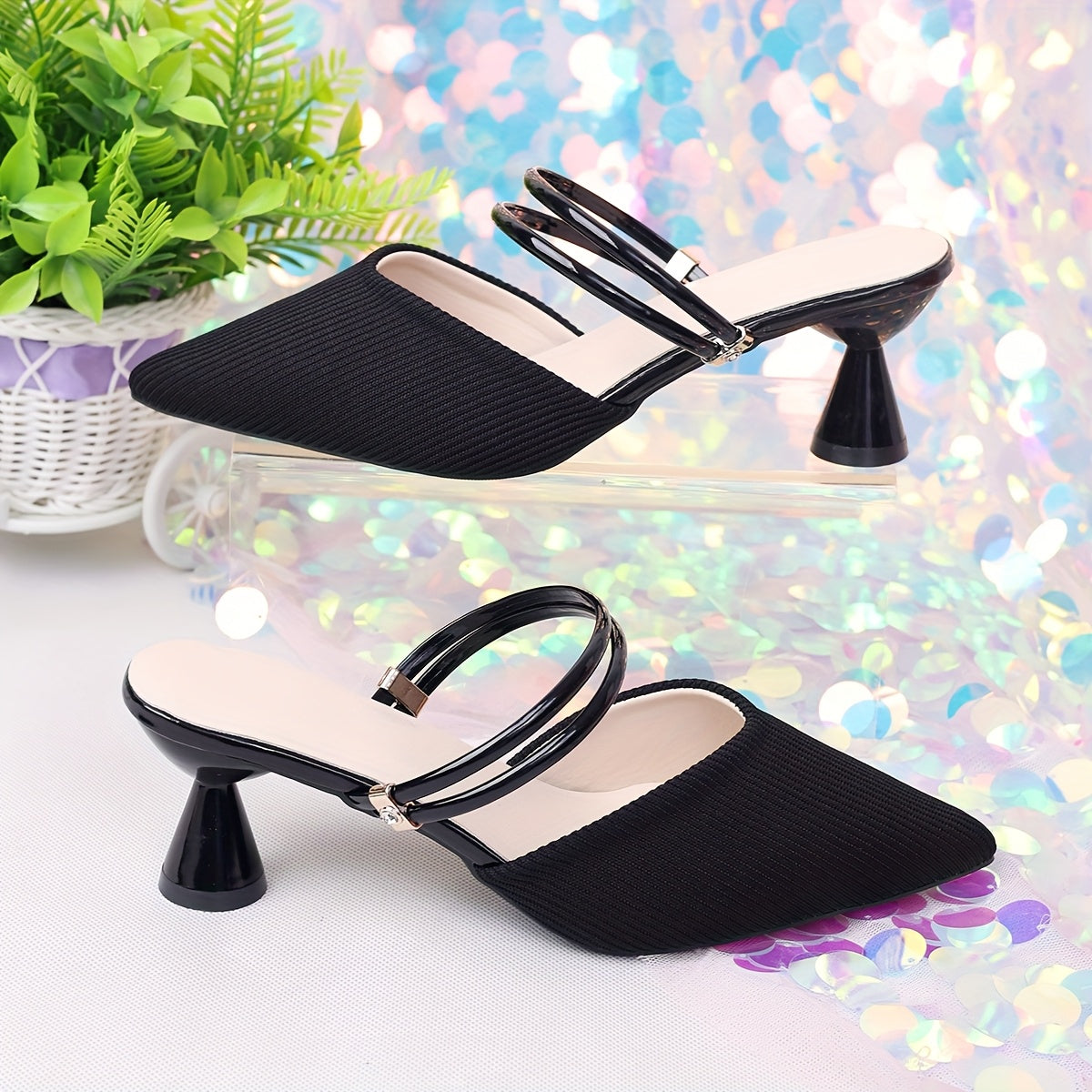 Women'S Elegant Black Pointed-Toe High Heel Sandals with Adjustable Ankle Strap - Slip-On Flared Block Heel, Synthetic Fabric Upper Rubber Sole, Versatile for Casual or Formal Occasions, Durable Fashionable Party Shoes, Hig
