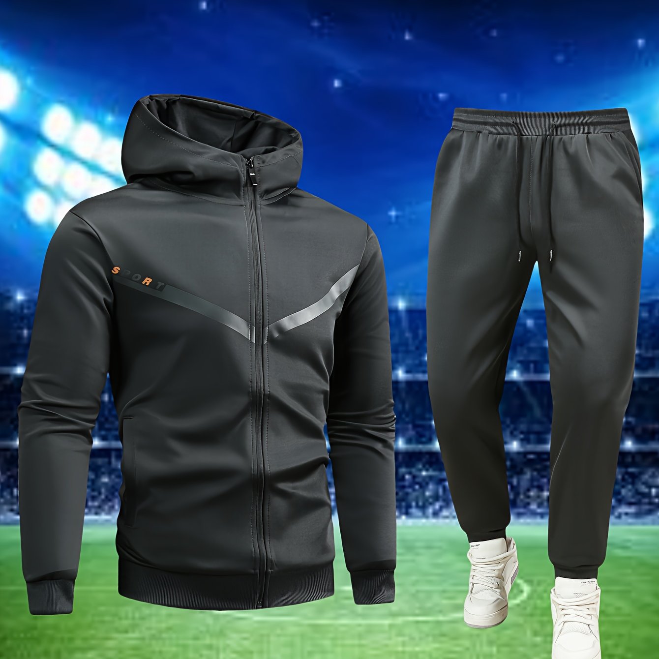 Տղամարդկանց առօրյա սպորտային հագուստի հավաքածու. Բարձրորակ գլխարկով սվիտեր և մարզաշապիկ վազքի, ֆիթնեսի և տնային հագուստի համար - Գարուն/աշուն երկկտոր հագուստ