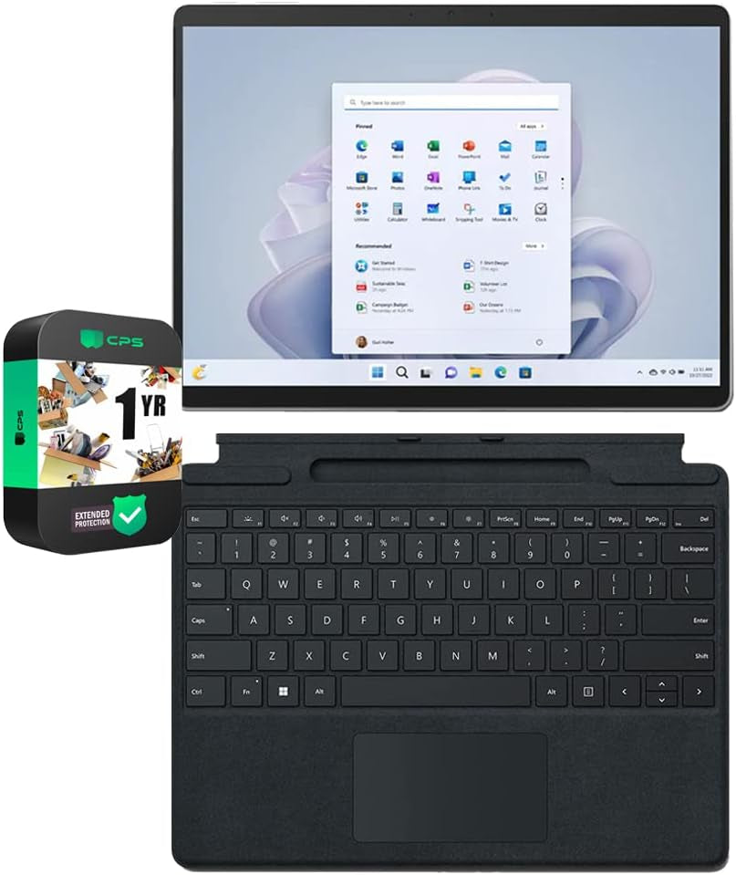 Microsoft Surface Pro 9 13" Touch Tablet, Intel I7, 16GB/256GB, Platinum Bundle Surface Pro Signature Mechanical Keyboard, Black and 1 YR CPS Enhanced Protection Pack