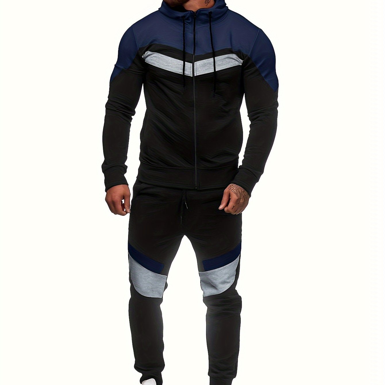 Տղամարդու աշնանային և ձմեռային բրդյա սվիտերի հավաքածու՝ գլխարկով և լարով, պատչվորք սպորտային տաբատով, առօրյա, սպորտային ոճի երկար թևքով բաճկոնով