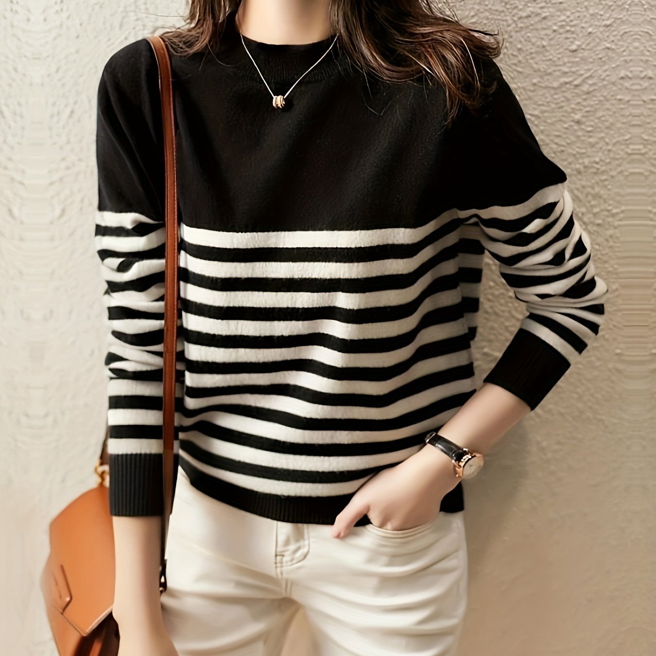 Կանացի Casual Color Block Crew պարանոցով սվիտեր, երկարաթև տրիկոտաժե վերնաշապիկ, վիսկոզայի խառնուրդ 75% պոլիեսթեր 25%, միջին ձգվող, բոլոր եղանակներին, 350 գ/մ² Գործվածքի քաշը