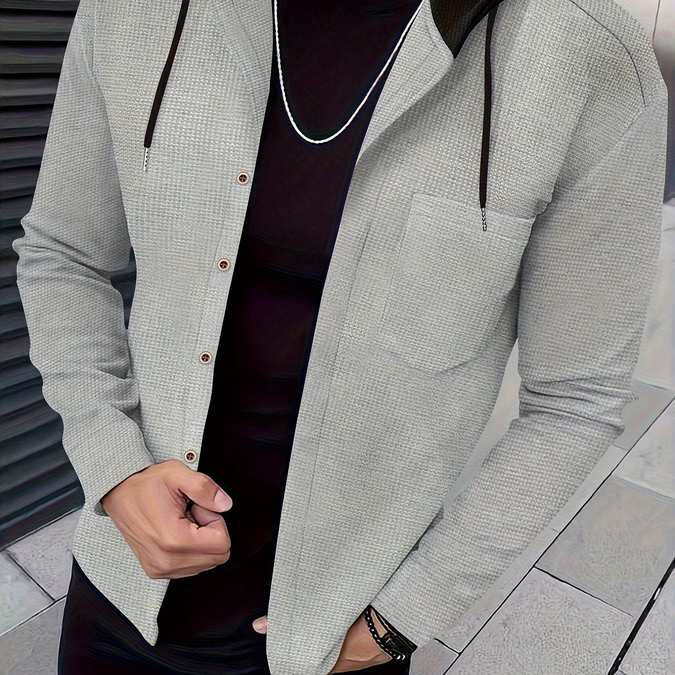 Տղամարդու առօրյա գլխարկով բաճկոն - փափուկ, շնչող պոլիեսթերից՝ կոճակներով դիզայնով և գրպաններով | Հիանալի է գարնանային, աշնանային և բացօթյա գործունեության համար, երկար թևքերով, նորաձև, ամենօրյա, հանգստի ոճով, ավանդական տարբերակով