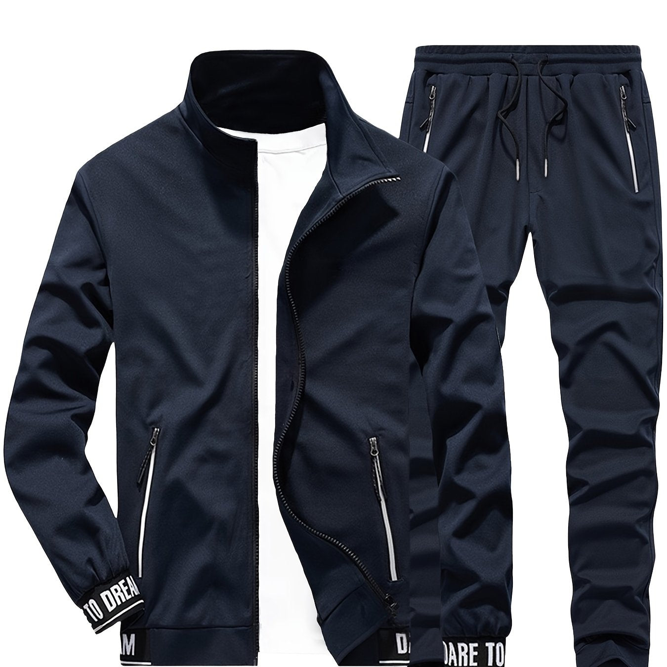 Տղամարդկանց ամենօրյա սպորտային հագուստի հավաքածու - բեժ գույնի ճարմանդով բաճկոն և մարզական տաբատ "DARE TO BE" տպագրությամբ, երկար թևերով, գրպաններով և քաշվող գոտիով, իդեալական է վազքի և հանգստի համար, գարուն/աշուն հավաքածու, գարուն-աշուն հագուստ | Zipup J