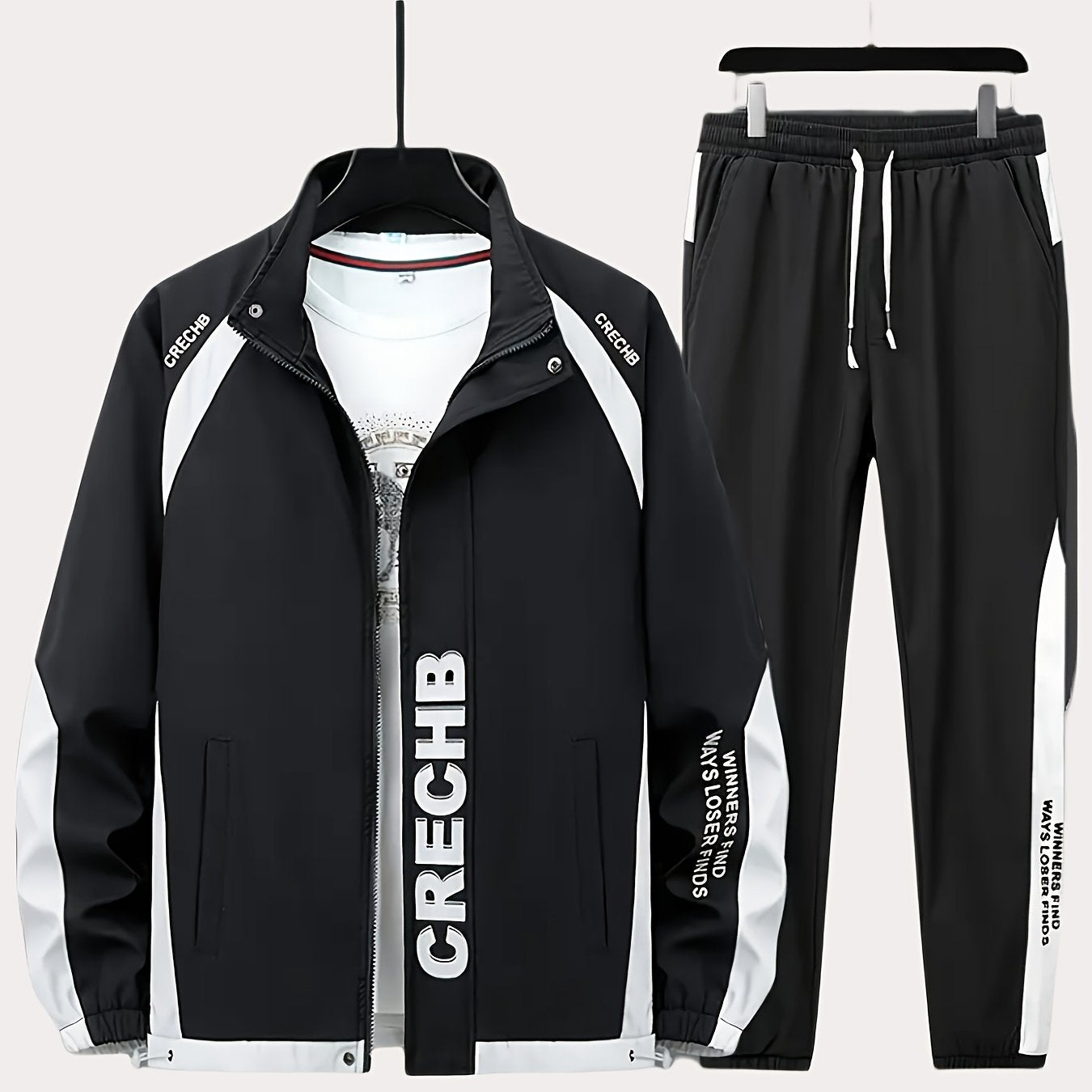 Գարնան և աշնան համար նախատեսված սպորտային հագուստի համալիր, որը ներառում է կանգնած օձիքով և սև ու սպիտակ գծավոր երկար տաբատով ճարմանդով բաճկոն, ոճային հանդերձանք, որը հիանալի նվեր է, քրտինքից պաշտպանված, միայն ձեռքով լվանալ, մարզումների համար աքսեսուար: