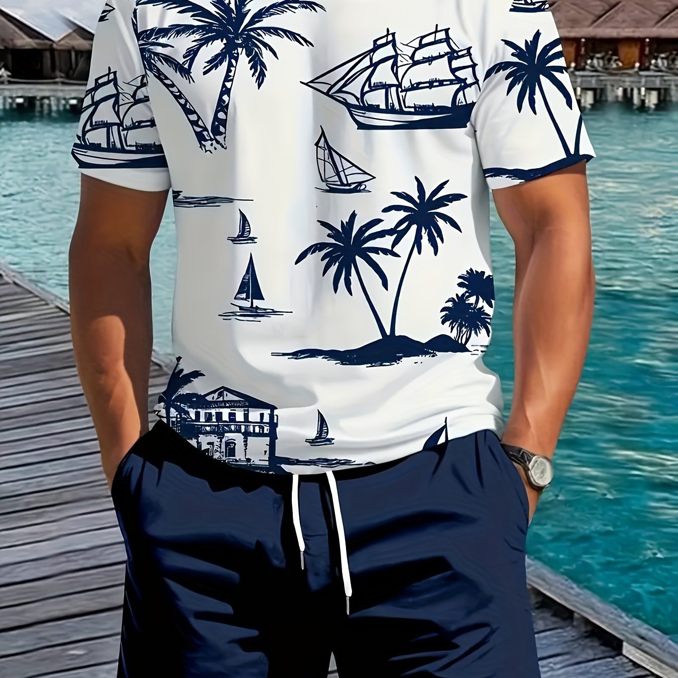 A set of 2 stylish Men's palm tree pattern summer fresh T-shirts and shorts, micro-stretch polyester knit fabric with a fitted fit, suitable for outdoor activities and family gatherings.