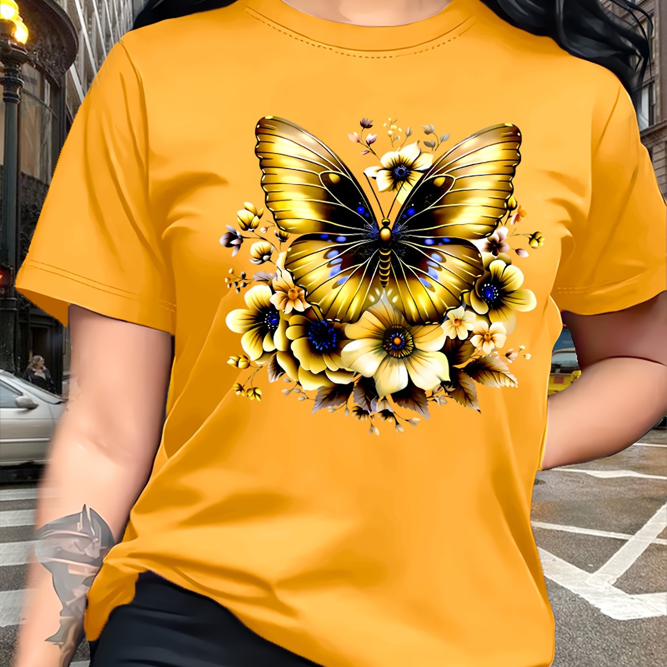 Circle Chic Butterfly Print T-Shirt - Exquisite Design, Casual Round Neck Top - Breathable and Lightweight, Perfect for Spring/Summer Wardrobe