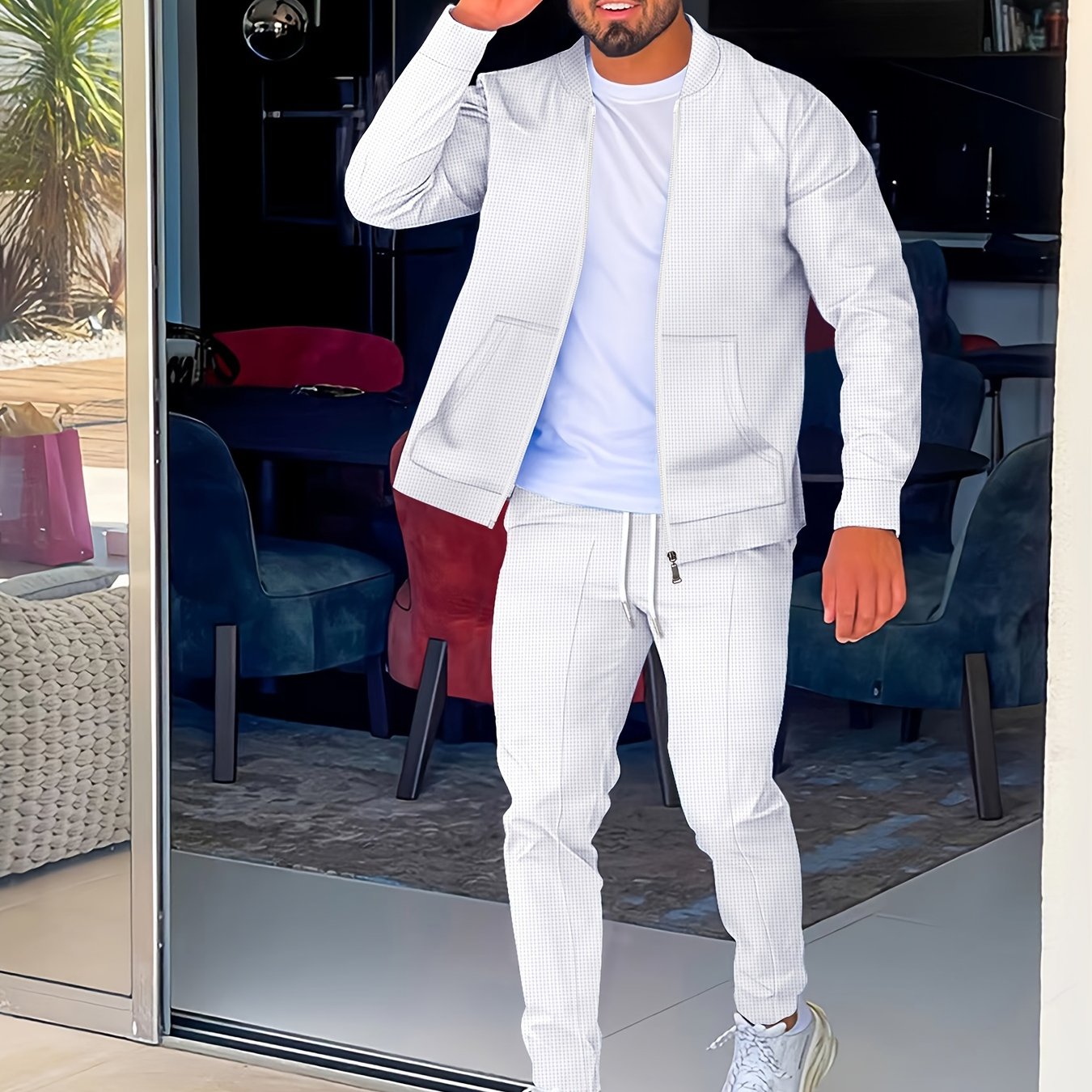 Բեյսբոլի օձիքով բաճկոնի և տաբատի հավաքածու՝ վաֆլի գործվածքից