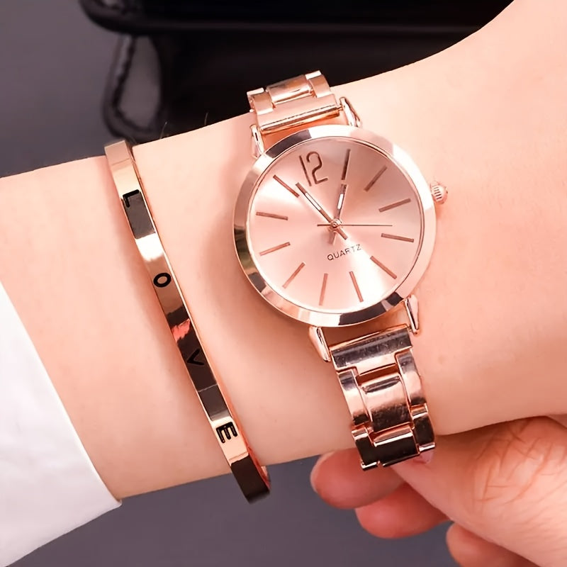 1 Piece Of Ladies' Stylish Round Pointer Quartz Watch And 1 Piece Of Jewelry