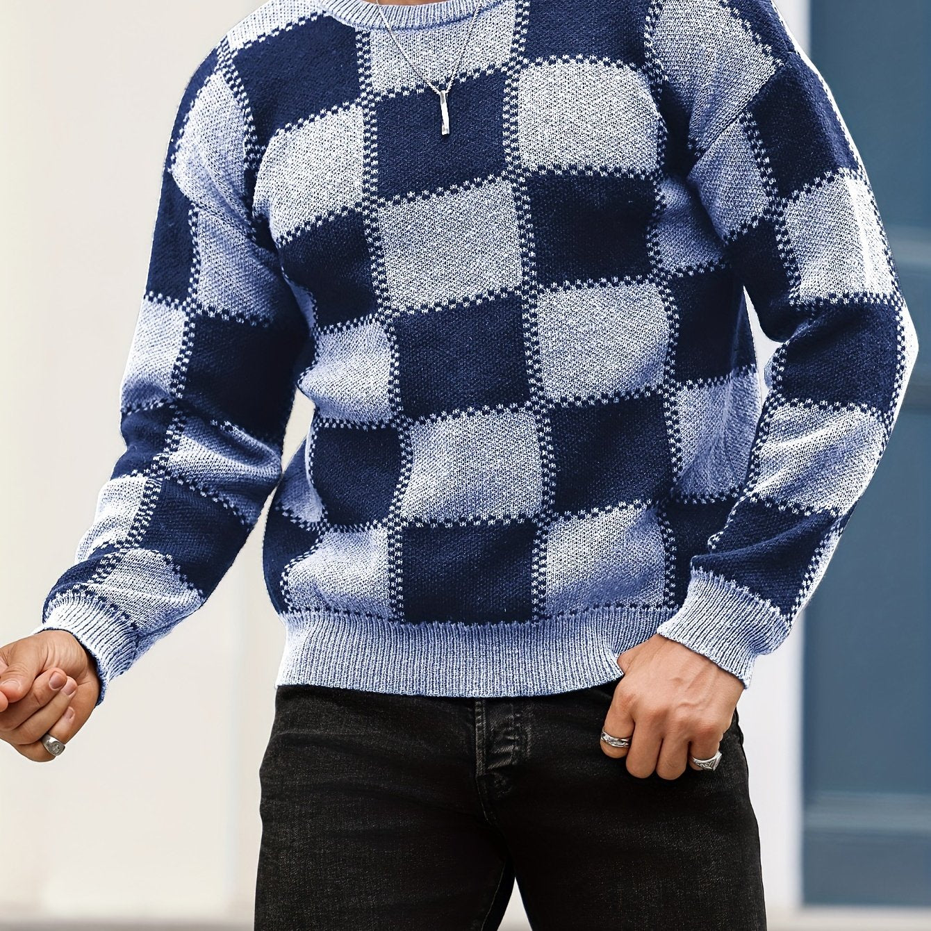 Տղամարդկանց գունաբլոկինգ տեքստուրային պրինտ, պատահական թրենդային սվիտեր, երկարաթև պուլովեր՝ որպես նվեր աշնան և ձմռան համար