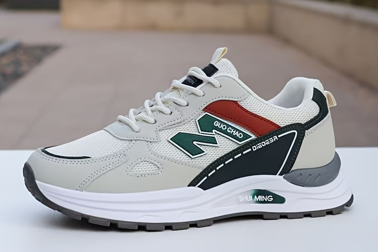 Տղամարդկանց շնչող ցանցե վազքի սպորտային կոշիկներ՝ ամուր, հակասահք, հոտակայուն, ռետինե ներբանով, գարնանային աշնան համար նախատեսված, ցածր, կապիչով դիզայնով, սպիտակ, սև և կանաչ գույներով։