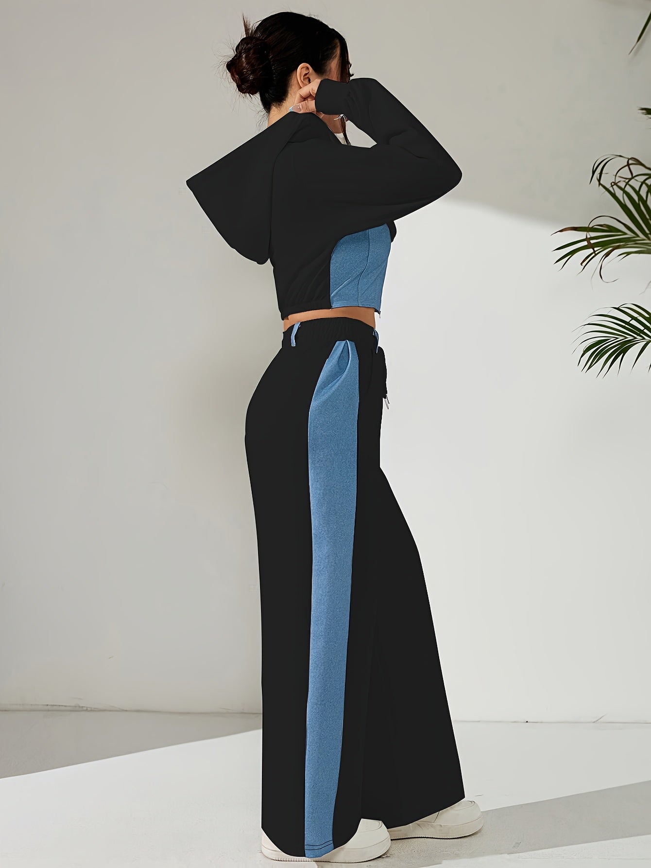 Women'S Stylish Two-Piece Set - Blue & Black Zip-Up Hoodie with Pockets, Long Sleeve Crop Top, and Wide-Leg Pants, Perfect for Spring/Fall, Casual Elegance, Casual Attire|Modern Casualwear|Zippered Hoodie