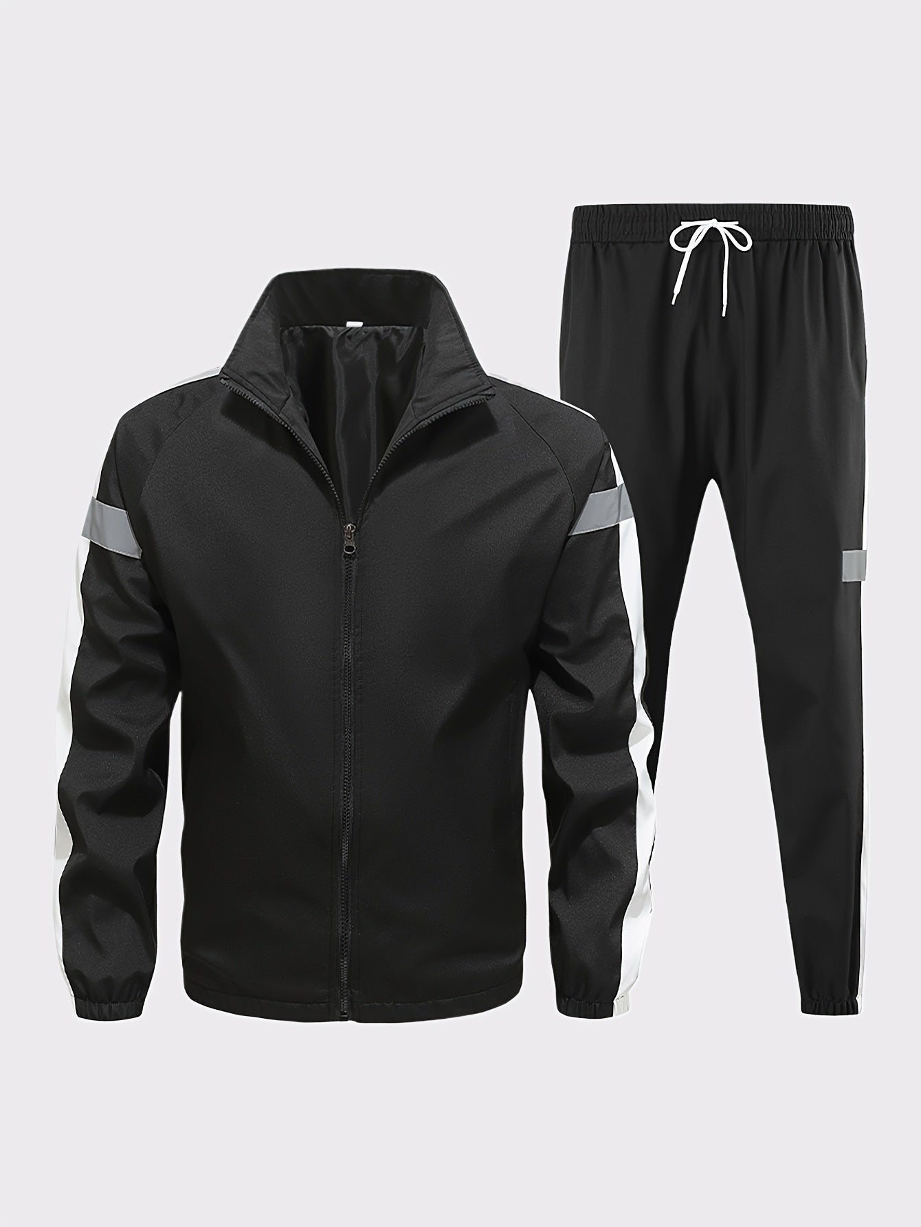 Men'S Casual Sportswear Set - 2pcs Autumn Fashionable Lightweight Fleece Jacket & Pants, Black & White with Red & Gray Accents, Perfect for Outdoor Activities & Casual Wear, Outdoor Casual Wear | Stylish Sportswear | Comforta