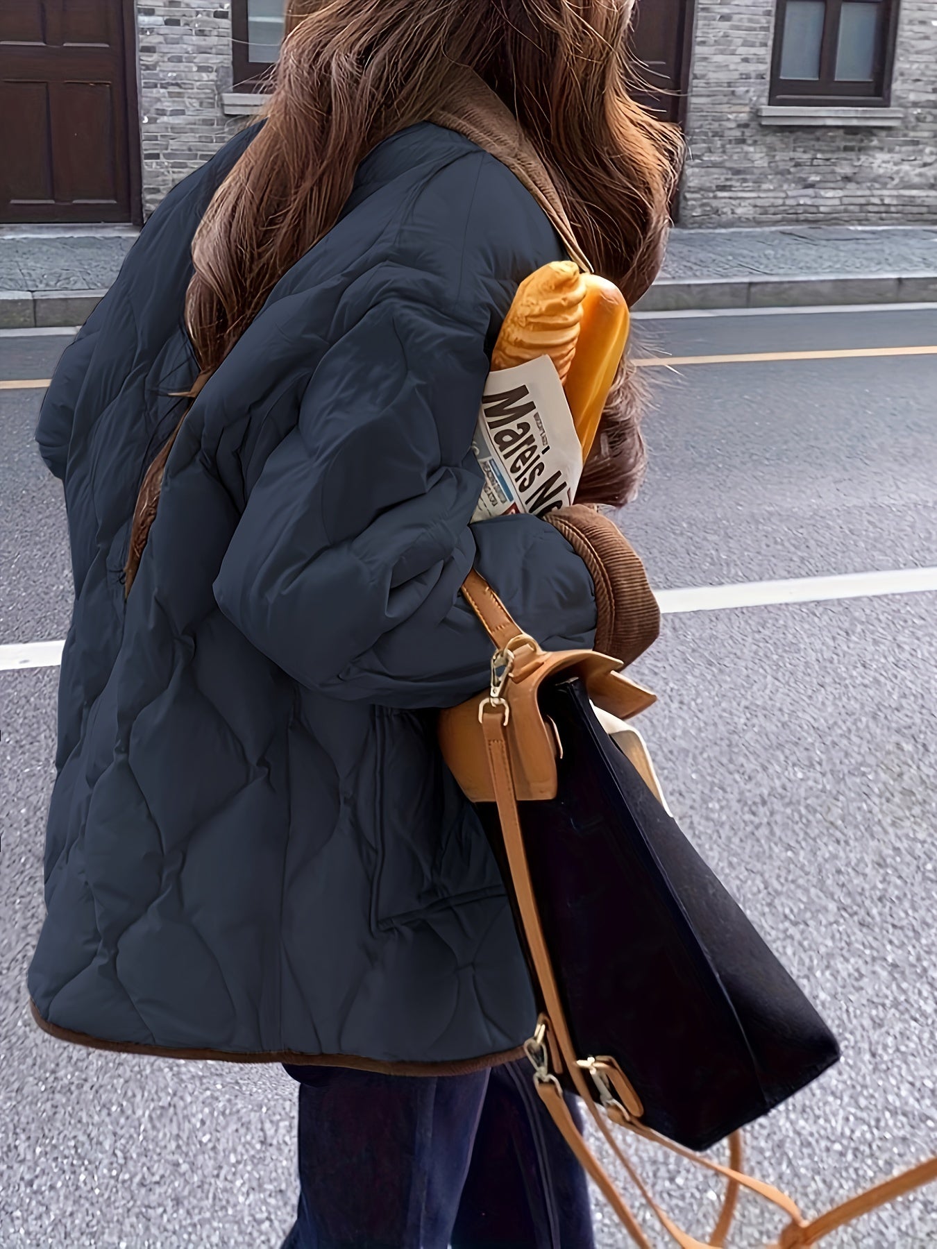 Կանացի մուգ կապույտ կարված բաճկոն՝ արհեստական ​​մորթուց զարդանախշով - Էլեգանտ երկար թևքերով վերնազգեստ, պոլիեսթեր, կոճակներով առջևի մաս, տաք և նորաձև ձմռան համար