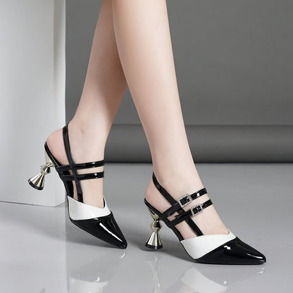 Կանացի սև-սպիտակ, փակ կրունկներով կոշիկներ՝ սրածայր քթով, սինթետիկ ծածկով, ռետինե ներբանով, ամառային բարձրակրունկ կոշիկներ, էլեգանտ գրասենյակային և պաշտոնական հագուստի համար, բարձրակրունկ կոշիկներ