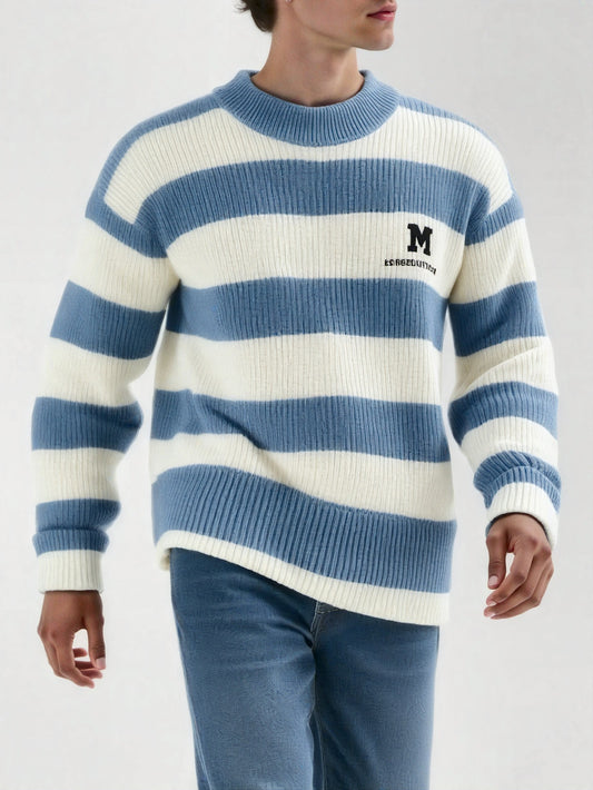 Men's 2025 Autumn/Winter Striped Sweater for Youth with Color Block Round Neck Casual Warm Knitwear