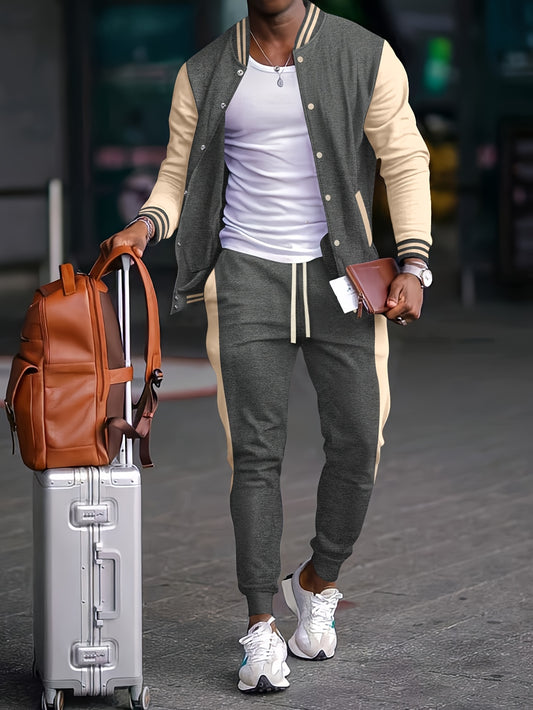 Men'S Casual Baseball Collar Jacket and Pants Set, Color Block Long Sleeve Sweatshirt and Sweatpants, Polyester Woven Suit with Button Detail, Spring/Fall Collection