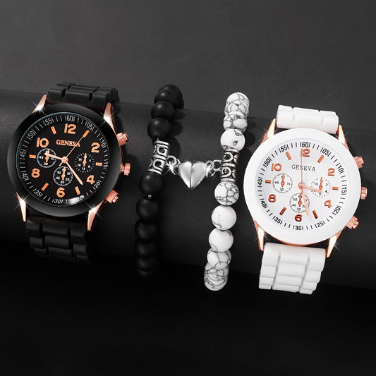 4pcs Fashionable Couples' Watch & Bracelet Set - Silicone Band, Quartz Movement, Zinc Alloy Case - Perfect Valentine's Day Gift - Ayq
