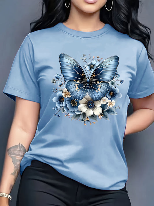 Women'S Floral Butterfly Print T-Shirt, Short Sleeve Crew Neck Casual Top for Spring & Summer, Vibrant Green with White & Blue Flowers, Perfect Birthday or Holiday Gift, Everyday Fashion | Vibrant Casual Top | Glossy Texture