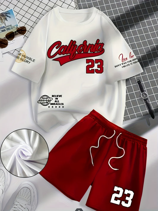 Տղամարդու առօրյա մարզահագուստ՝ պոլիեսթերից կլոր օձիքով մարզաշապիկ և շորտեր, կանոնավոր կտրվածքով, տրիկոտաժե գործվածքով, ամառային առօրյա, հարմարավետ և ոճային 3D թվային տպագրությամբ։