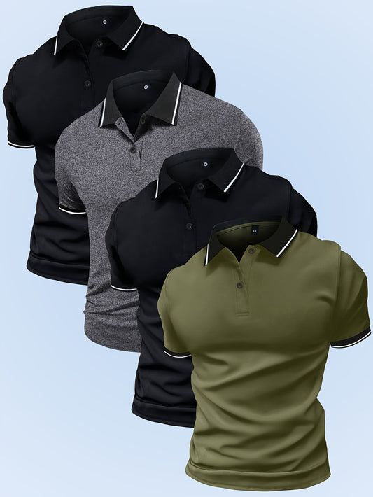 Տղամարդկանց ամառային վերնաշապիկներ 4 հատ - սովորական կարճաթև, միաձույլ գույնի կոնտրաստային եզրագծով, թեթև պոլիեսթեր խառնուրդ, իդեալական սպորտի և ժամանցի համար, վերնաշապիկներ ամառային