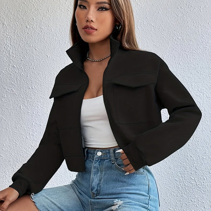 Zip Front Flap Pockets Jacket, Casual Turtleneck Crop Jacket For Fall, Women's Clothing - ayq