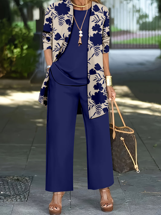 Մեծ չափս, կանացի մեծ չափսի էլեգանտ ծաղկային նախշերով վերնաշապիկի և միագույն ժիլետի երեք մասից բաղկացած հավաքածու