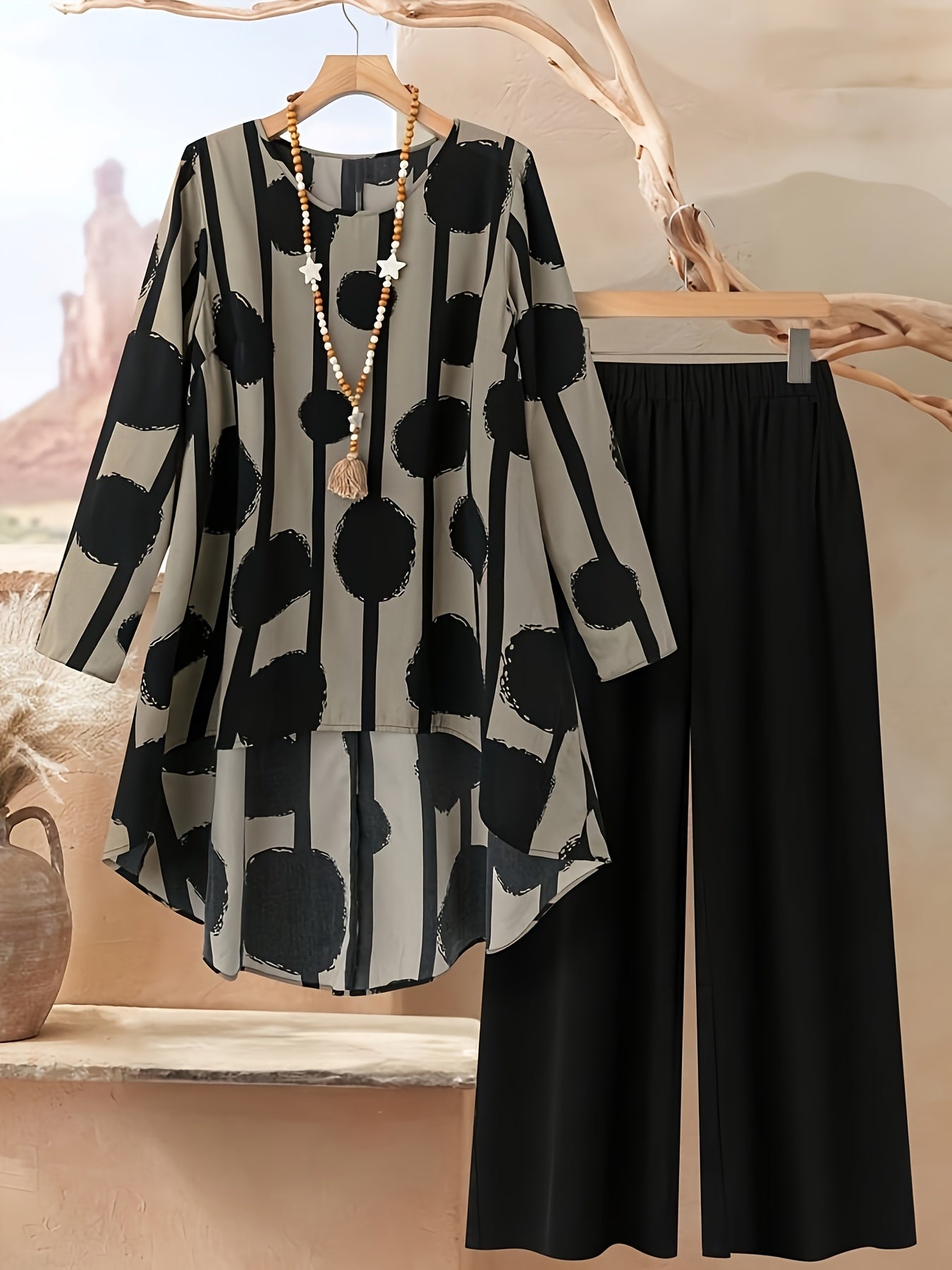 Կանացի երկկտոր հավաքածու՝ երկրաչափական նախշերով, կլոր վզով, երկար թևքերով, ազատ եզրով առջևի կարճ վերնաշապիկով և տաբատով, առօրյա ոճի, ամառային/աշնանային հագուստ, միջին երկարության վերնաշապիկներ, միագույն տաբատ, երկար թևքերով հագուստ