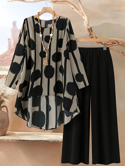 Կանացի երկկտոր հավաքածու՝ երկրաչափական նախշերով, կլոր վզով, երկար թևքերով, ազատ եզրով առջևի կարճ վերնաշապիկով և տաբատով, առօրյա ոճի, ամառային/աշնանային հագուստ, միջին երկարության վերնաշապիկներ, միագույն տաբատ, երկար թևքերով հագուստ