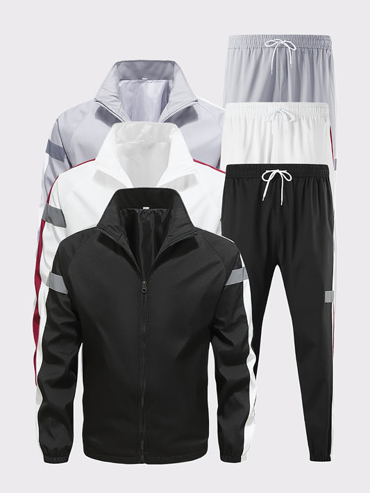 Men'S Casual Sportswear Set - 2pcs Autumn Fashionable Lightweight Fleece Jacket & Pants, Black & White with Red & Gray Accents, Perfect for Outdoor Activities & Casual Wear, Outdoor Casual Wear | Stylish Sportswear | Comforta