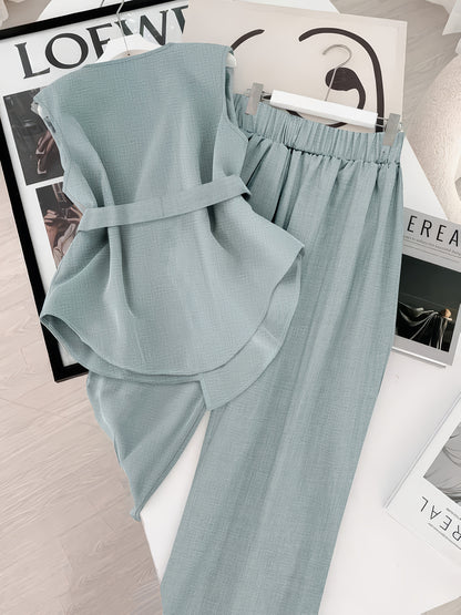 Նորաձև դիզայնով միագույն վերնաշապիկի և լայն տաբատի հավաքածու, էլեգանտ հանդերձանք