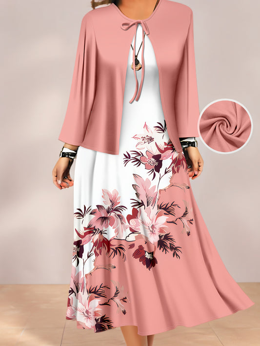 Կանացի նորաձև միագույն փոքրիկ կարդիգան և ծաղկային նախշերով պատչվորք զգեստ՝ երկու մասից բաղկացած հավաքածու