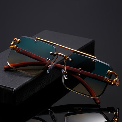 Էլեգանտ, առանց շրջանակի օդաչուի ոճի նորաձև ակնոցներ տղամարդկանց և կանանց համար՝ ոսկեգույն ընձառյուծի նախշերով, կանաչ գրադիենտային ոսպնյակներով, թեթև մետաղական շրջանակով, իդեալական է լողափնյա երեկույթների և ճանապարհորդությունների համար