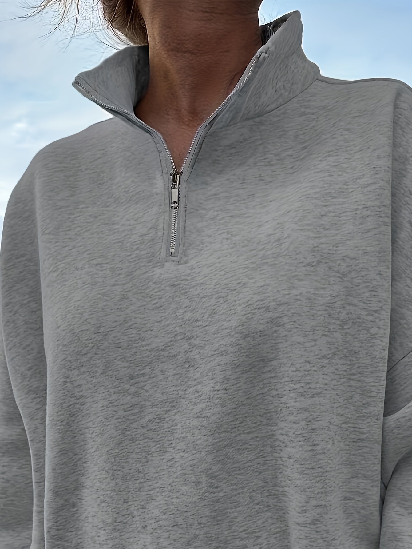 Women's Casual Heather Gray Half-Zip Sweatshirt - Soft Polyester & Elastane Blend, Long Sleeve, Stand Collar, Machine Washable - Perfect for Spring/Fall - ayq