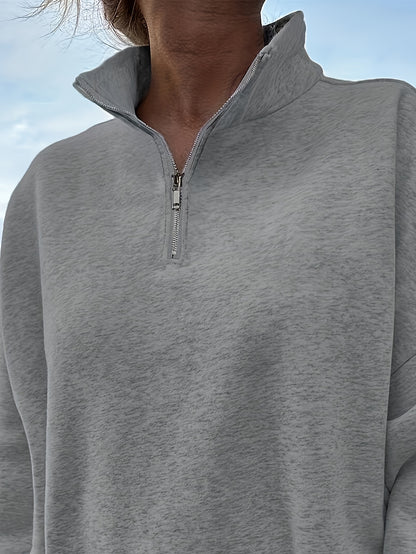 Women's Casual Heather Gray Half-Zip Sweatshirt - Soft Polyester & Elastane Blend, Long Sleeve, Stand Collar, Machine Washable - Perfect for Spring/Fall - ayq