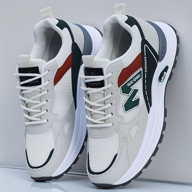 Տղամարդկանց շնչող ցանցե վազքի սպորտային կոշիկներ՝ ամուր, հակասահք, հոտակայուն, ռետինե ներբանով, գարնանային աշնան համար նախատեսված, ցածր, կապիչով դիզայնով, սպիտակ, սև և կանաչ գույներով։