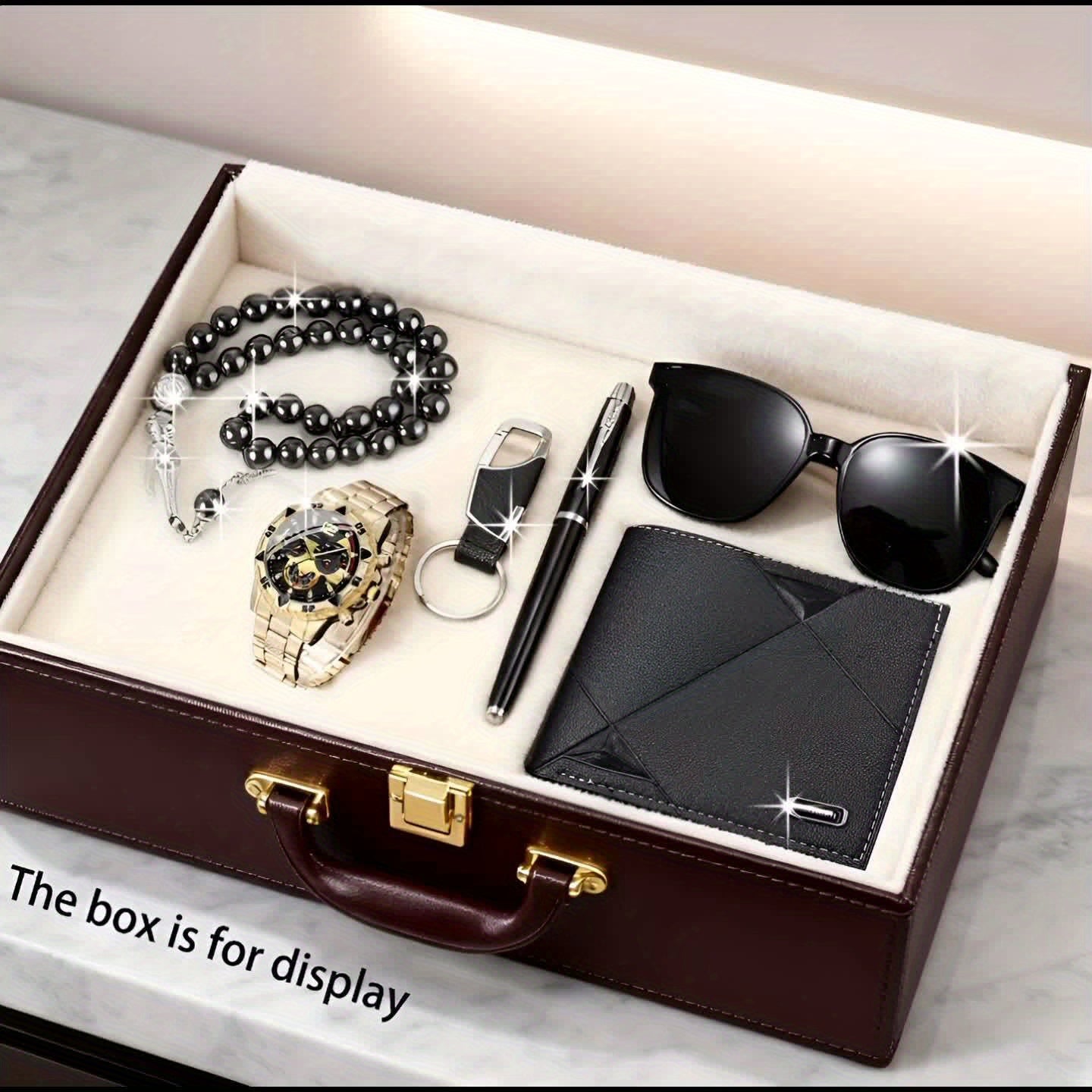 6pcs New Popular Large Dial Watches + Prayer Beads + Keychain And Pen + Stylish Travel Glasses + Business Wallet, Making You Vibrant in Life, Suitable for Various Occasions Such As Valentine'S Day, Dates, Christmas, Halloween