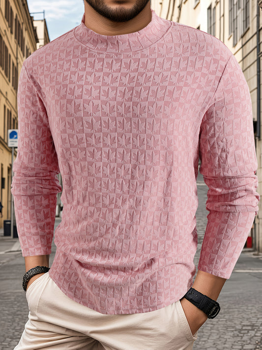 Men'S Long-Sleeve T-Shirt with a Half-High Collar, Casual Jacquard Base Layer for Outerwear, Stylish And High-Quality Top for Autumn And Winter