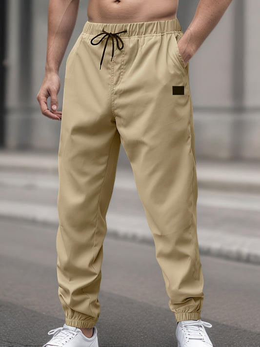 Men's Casual Outdoor Long Pants, 100% Polyester Solid Color Drawstring Waist Regular Fit All-Season Woven Trousers, Relaxed Fit Pants | Casual Drawstring Pants | Durable Woven Fabric