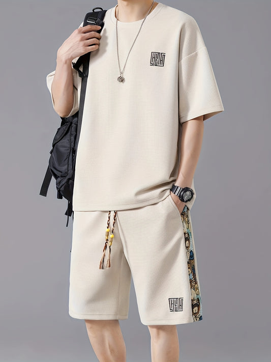 Տղամարդկանց ամառային առօրյա նորաձևության հավաքածու. ասեղնագործված, ազատ չափի մարզաշապիկ և շորտեր՝ շնչող պոլիեսթերի խառնուրդ, չձգվող գործվածք, անանաս, սպորտային հավաքածու