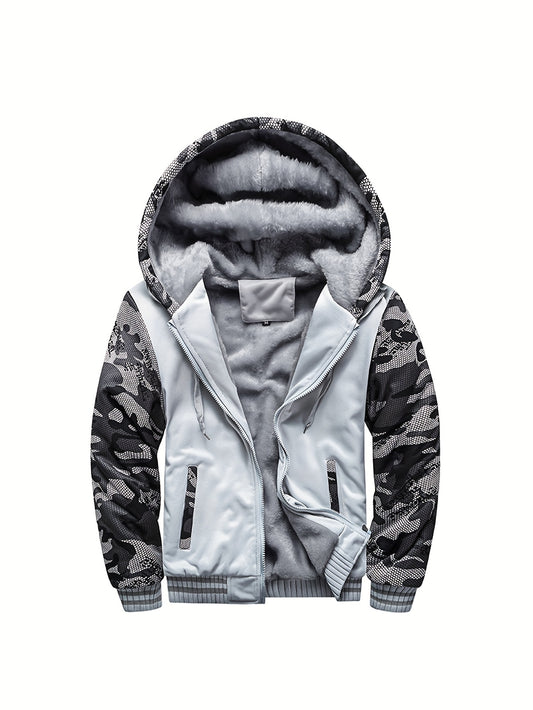 Color Block Sherpa Lined Men's Hooded Jacket, Casual Long Sleeve Hoodies With Zipper, Gym Sports Hooded Coat For Winter Fall - ayq
