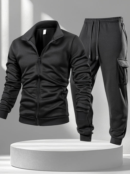 2 հատ տղամարդու նորաձև, առօրյա սպորտային կոստյում, փոքր, կանգնած օձիքով, կայծակաճարմանդով բաճկոն և սպորտային տաբատ, գարնանային և աշնանային տաք, բրդյա երկար թևքերով բաճկոն և երկար տաբատ, վինտաժ, փողոցային սպորտային ոճի տղամարդու կոստյում