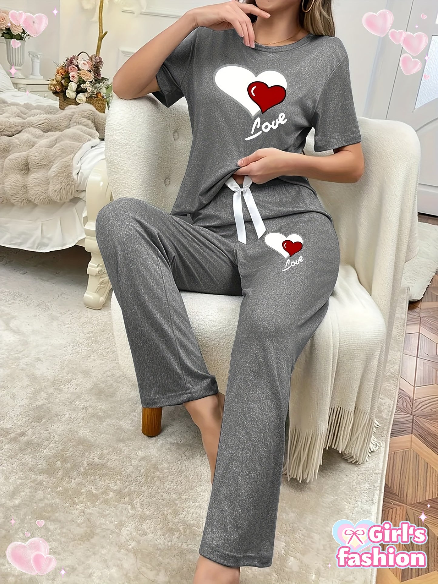Casual Leisure Suit, Women's Double Love Print Short Sleeve Round Neck T-shirt and Pants Pajama Two-Piece Set Casual Comfortable Soft Home Clothes
