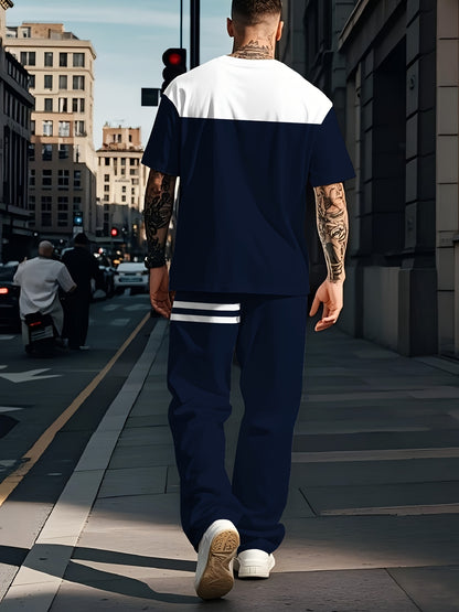 3D Digital Stripe Letter Crown Print - Suitable for Daily Outdoor Leisure Sports Men'S Two-Piece Set