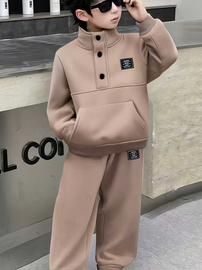 Տղաների հարմարավետ բրդյա աստառով վերնաշապիկի և սպորտային տաբատի հավաքածու - ձիթապտղի կանաչ, առօրյա ձմեռային հագուստ գրպաններով, հաստ տաքություն աշնան և ձմռան համար, սովորական չափսի, առօրյա հագուստ, բացօթյա օգտագործման համար