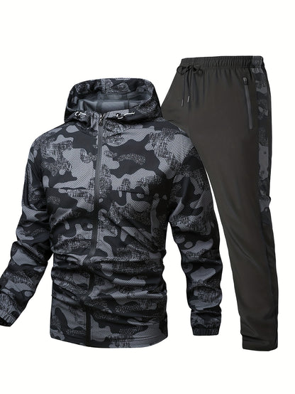 Men'S Lightweight Climbing Hooded Jacket - Quick-Dry Windproof Outdoor Sports Coat with Camouflage Pattern, Spring/Fall Casual & Training Wear, Regular Fit for Hiking, Running, Gym, Hiking Apparel, Durable Fabric