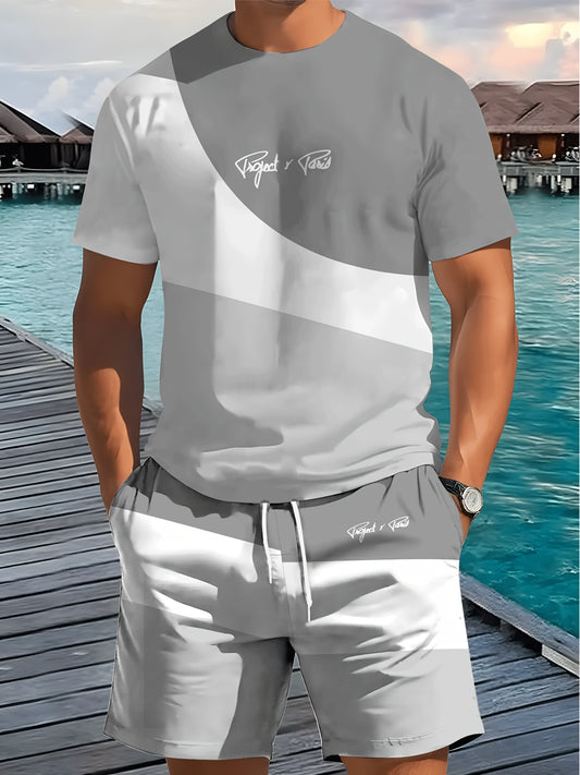 1 հավաքածու (2 հատ)՝ 3D տառերով տպագրված, նորաձև, եռագույն, ամառային, թարմ տղամարդու վերնաշապիկի և շորտերի հավաքածու, թեթևակի ձգվող պոլիէսթերային հյուսվածք, սովորական ֆիթ, հարմար է բացօթյա գործունեության և ընտանեկան հավաքույթների համար: